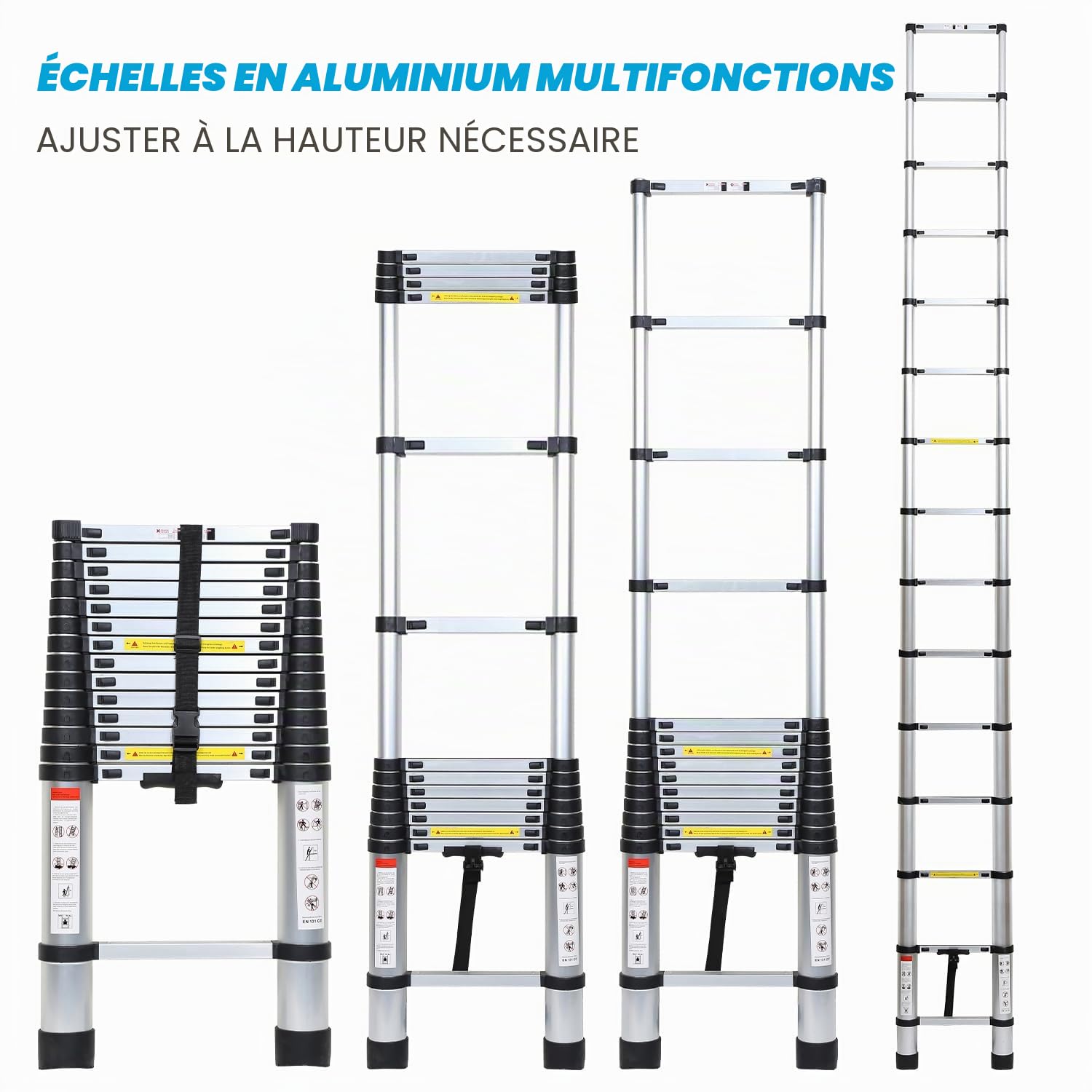 Échelle télescopique 4,4 m en Aluminium, Interrupteur de sécurité Multi-Niveaux, échelle Extensible Portable, antidérapant, échelle multifonctionnelle, Charge maximale : 150 kg
