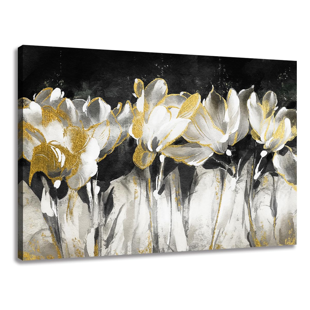 EUROPICART Living Room Wall Art Black and White Flower Painting with Gold Pictures Decoration,Abstract Floral Matte Gray Canvas Artwork for Office Bedroom Walls Decor 36x24
