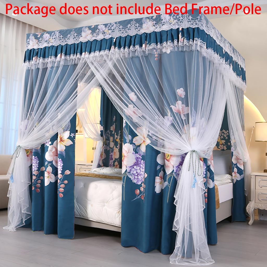 Stylish Princess Canopy Bed Curtains for Twin/Queen/King Size Bed - 4 Corner Post Bed Curtains Canopy for Adults Girls Bed Bedroom Decoration (Navy-Floral, 78" W x 86" L (Pack of 1))
