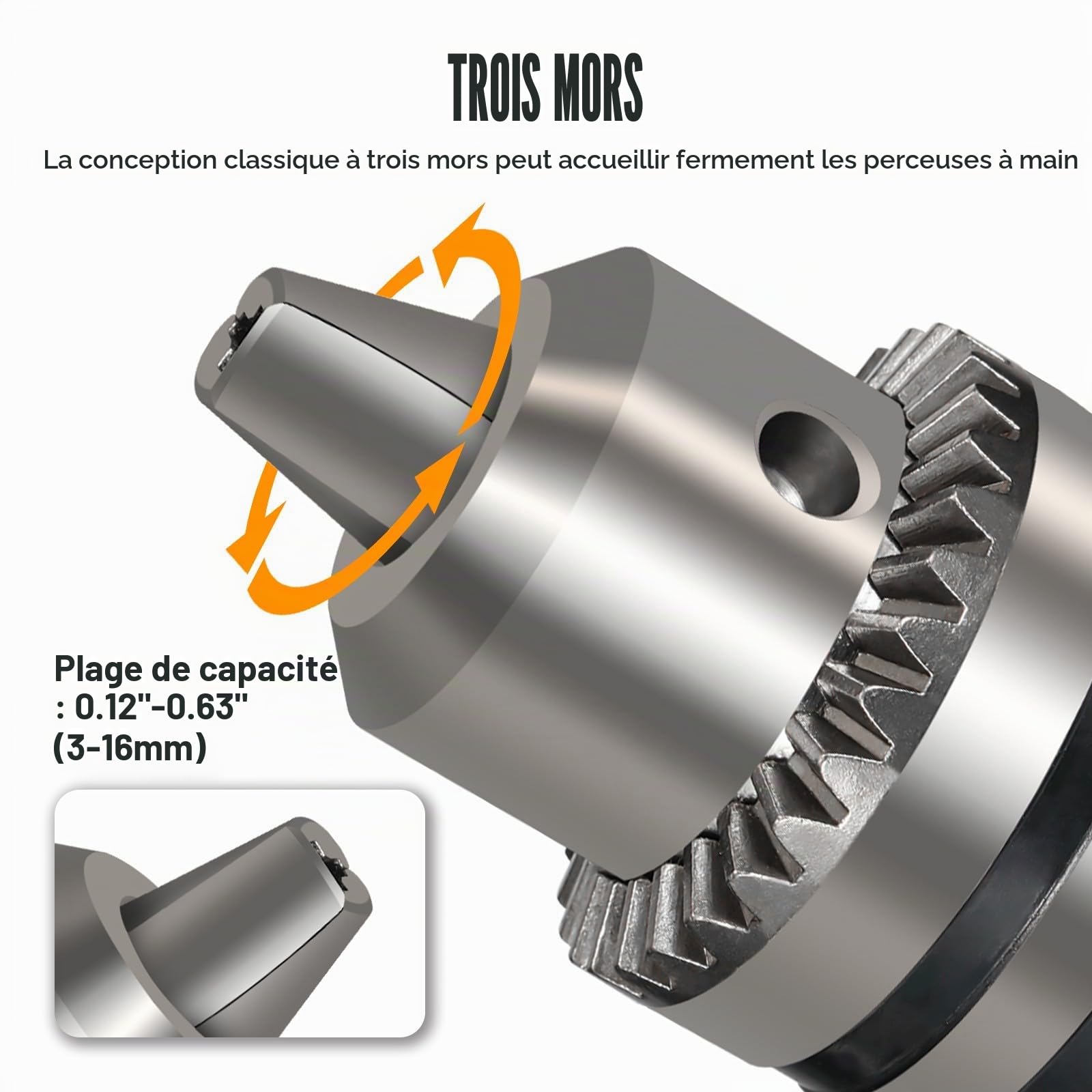 Mandrin à couronne dentée 3-16 mm, mandrin B16 avec clé de mandrin, adaptateur de mandrin avec tige Weldon de 19 mm, accessoires de tour pour perçage