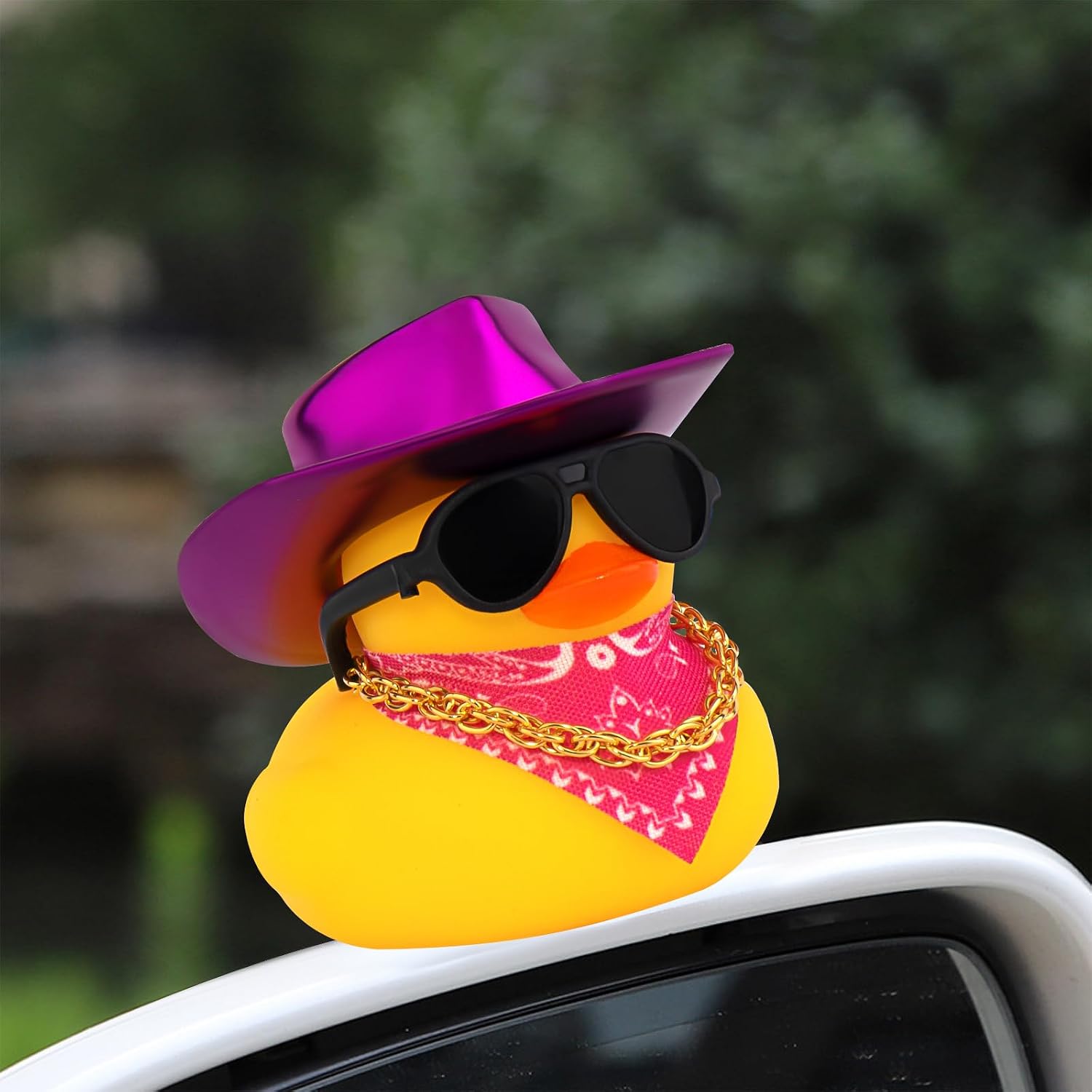 wonuu Bright Cowboy Hat Rubber Ducks, Dashboard Decorations Duck for Car Ornament Accessories with Hat Sunglasses Scarf Chain, Purple