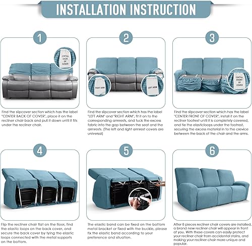 Miniatura 6 de TAOCOCO - Fundas protectoras para sofá reclinable grande de 3 asientos, 8 piezas, elásticas, con patrón de jacquard suave, color azul polvoriento