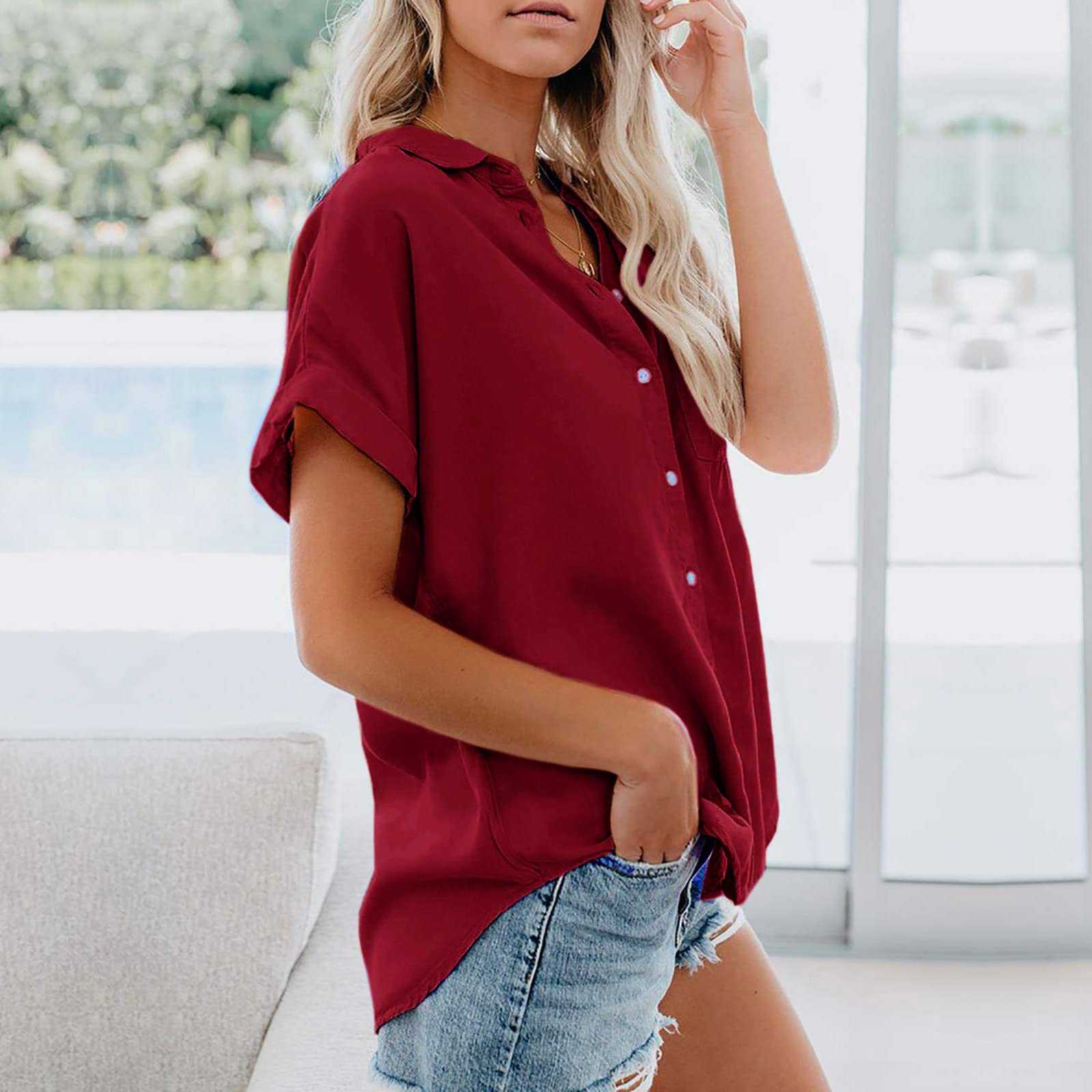 Xnova Chemisier Femme Manches Courtes Col V Chemise T-Shirt Été Couleur Unie Élégant en Mousseline Boutons avec Poche Casual Chic Short-Sleeve Blouse Tops