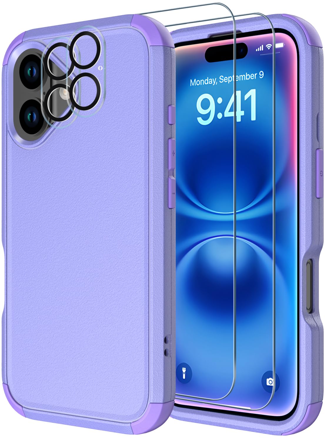 Diverbox for iPhone 16 Case [Shockproof] [Dropproof] [Tempered Glass Screen Protector + Camera Protectors] Heavy Duty Protection Phone Case Cover for Apple iPhone 16 (Purple)