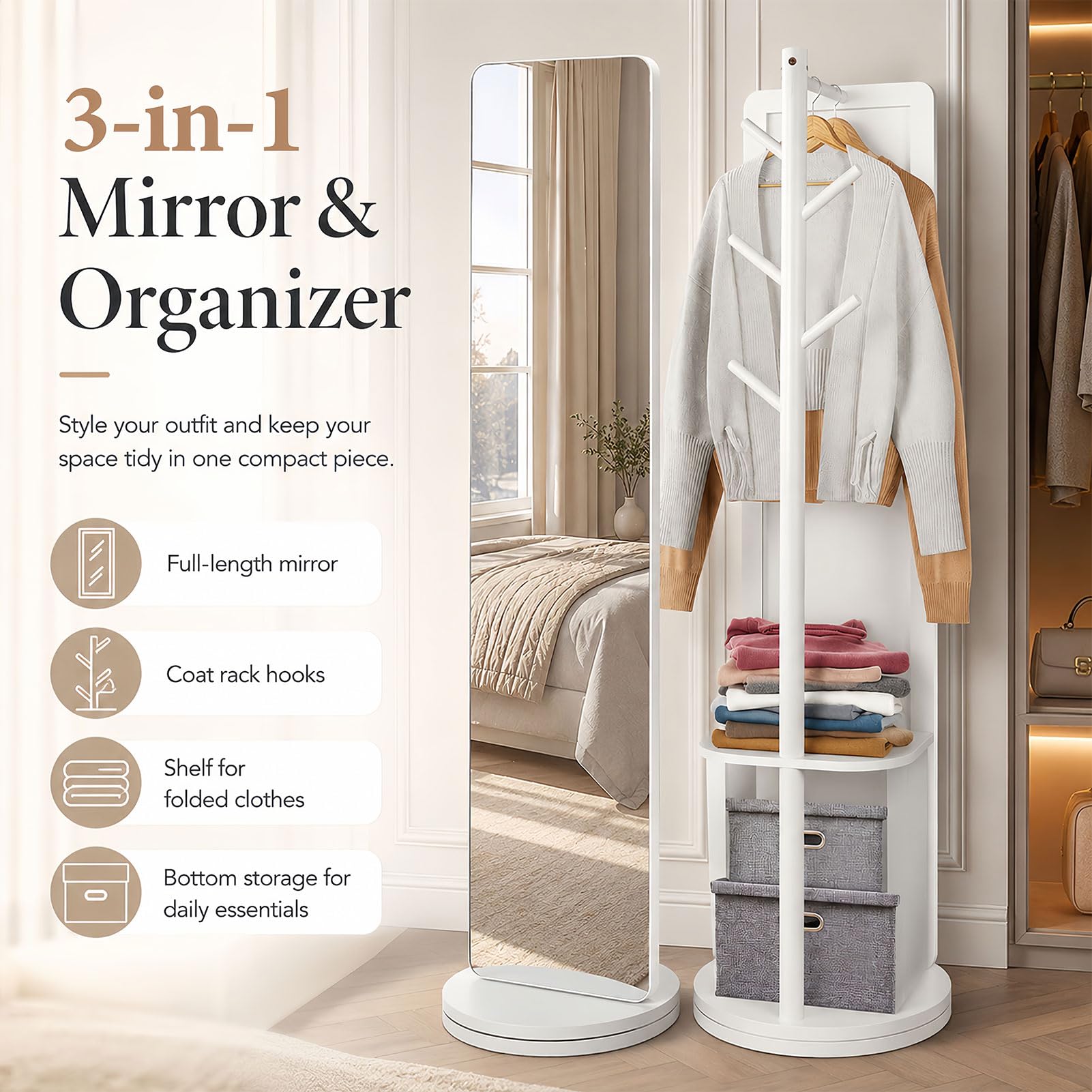 Ganzkörperspiegel | Standspiegel mit 360° Drehbar und Garderobenständer | Stehspiegel 164 * 40cm aus Massivholzrahmen Hartglas | Spiegel Ganzkörper für Schlafzimmer Wohnzimmer Garderobe