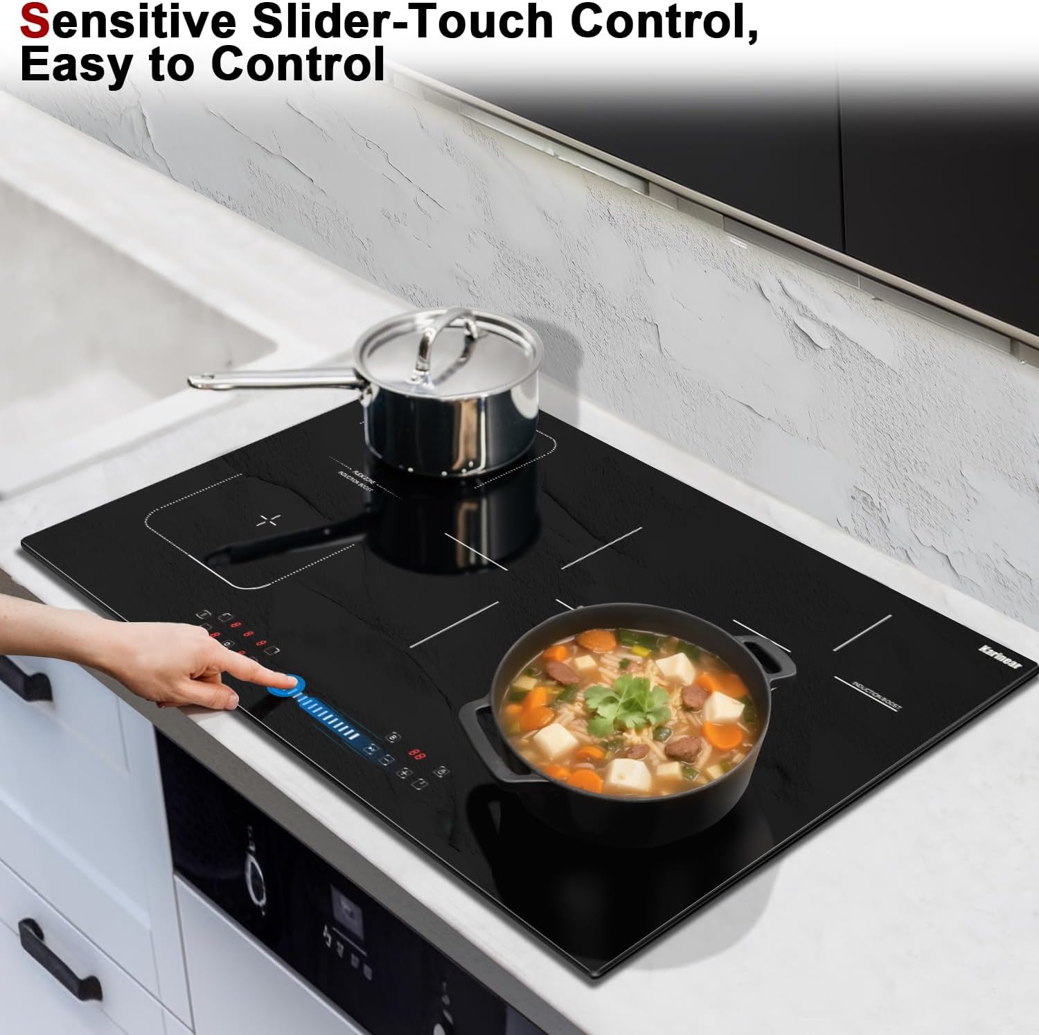 A hand operating the sensitive slider control on the induction cooktop, with a pot and pan on the burners.