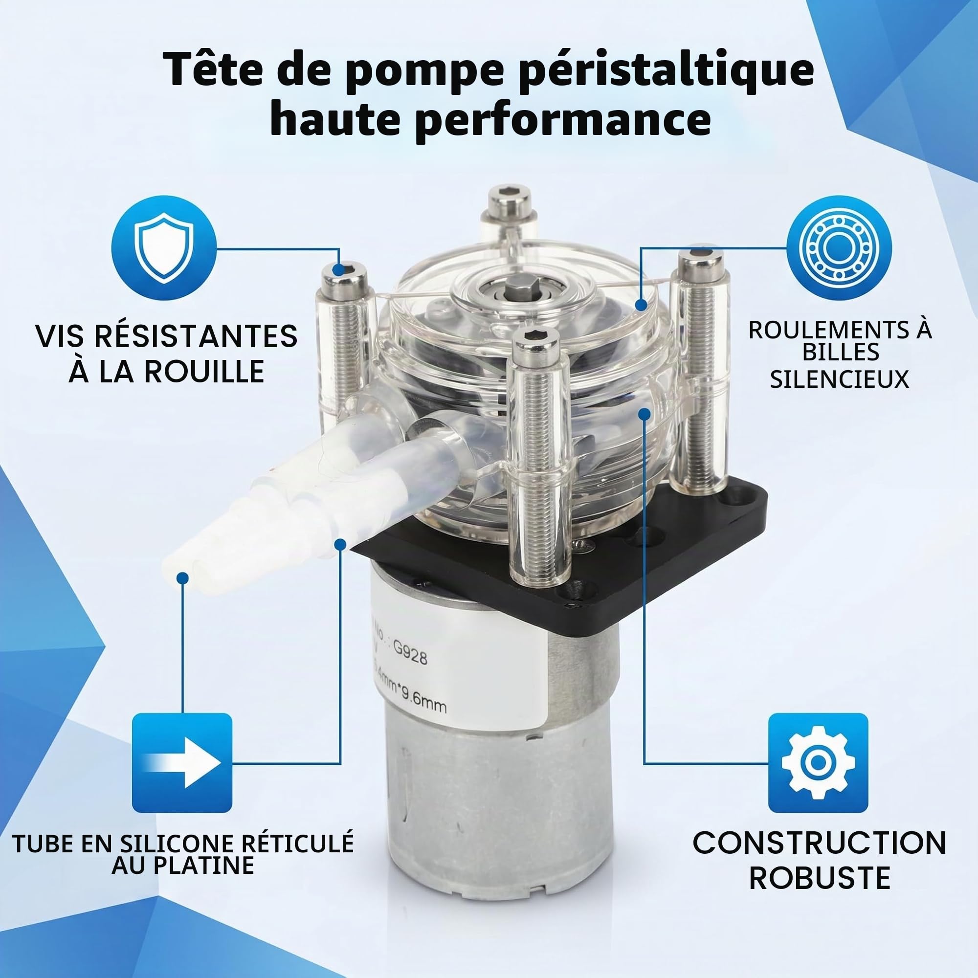 Pompe Péristaltique DC 24V, 500ml/min, Haut Débit, Moteur à Engrenages, Tube Silicone 6,4x9,6mm, pour Aquarium et Laboratoire