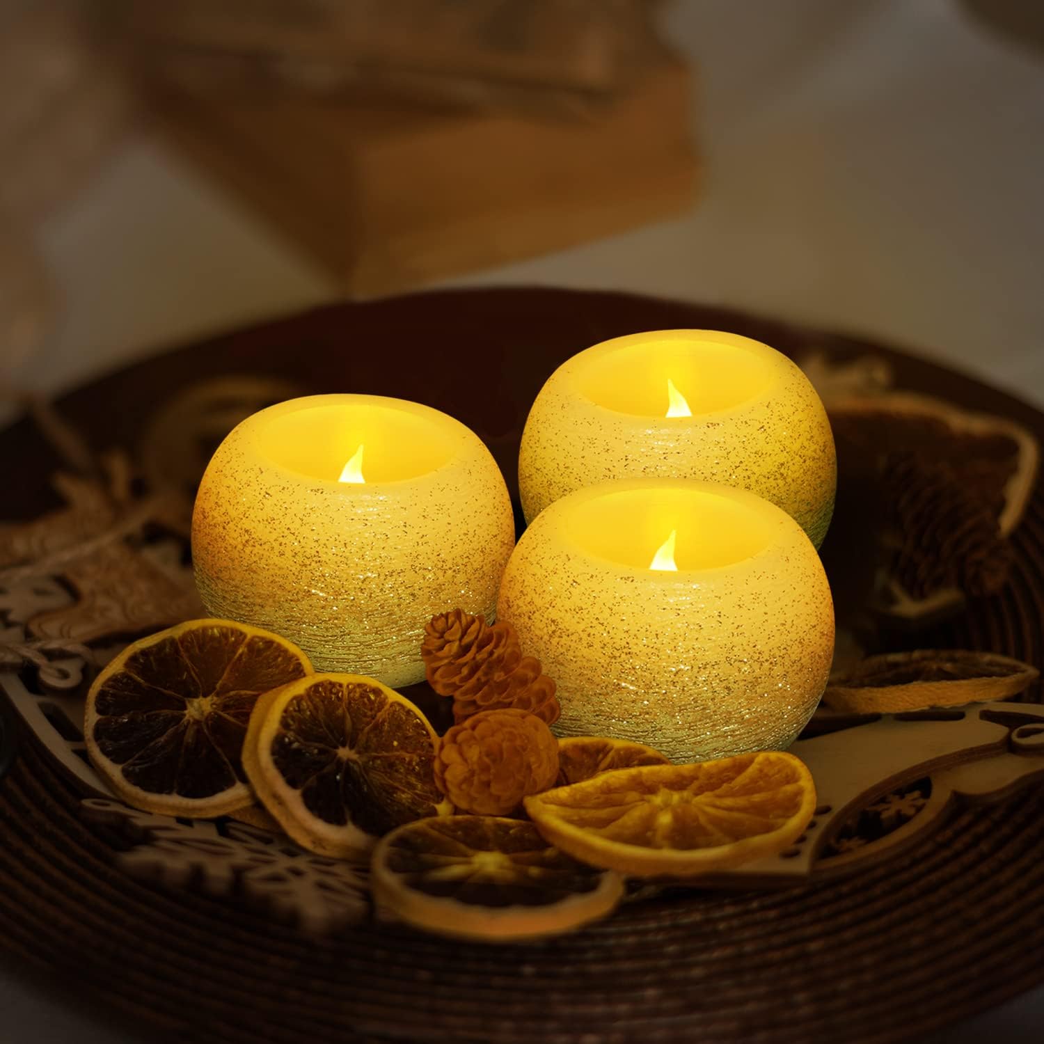 FURORA LIGHTING Small Gold Glittery Real Wax Flameless Candles, Pack of 3 – LED Flickering Small Round Candles, 2.4” x 1.6”, Battery Included, Ideal for Home Decor - Image 8