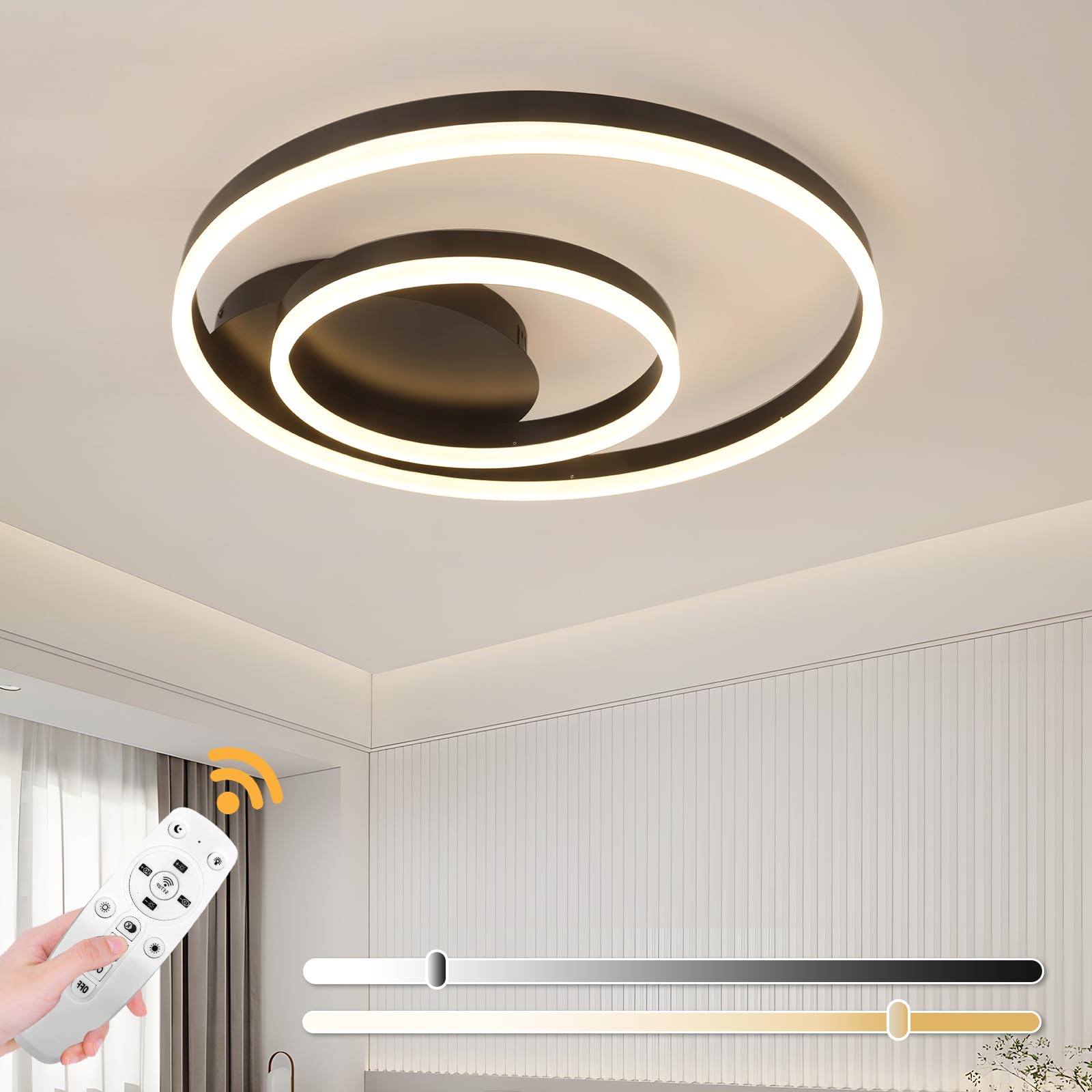 YT YATAI LIGHTINGModern LED Ceiling Light Living Room, 2-Ring Black Ceiling Light Bedroom, Acrylic Dimmable Lighting Ceiling Lamp for Living Room, Bedroom, 44W, 3000K-6000K.(18184)