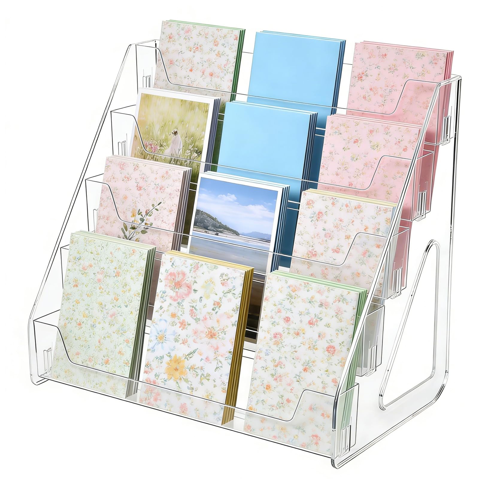 Lirynox Large 5-Tier Trading Card Display Stand, Acrylic Riser Clear Display Shelf with Fences, Transparent Vertical Shelf Rack for Home Office Retail, Greeting Card Holder Stands