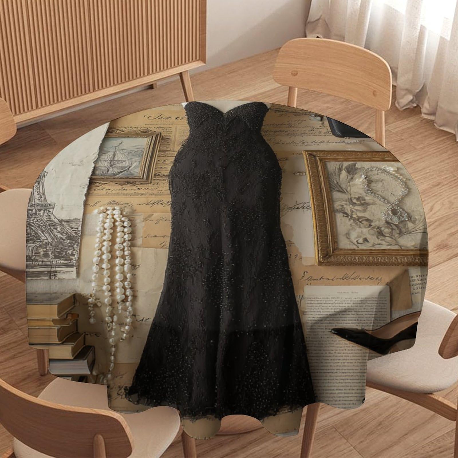 LUYYSKY Retro Realistic Black Dress Round Tablecloth Modern Fashion Art Makeup Themed Paris Style Eiffel Tower Washable Decor for Table Cover for Kitchen-127 Wx127 L cm