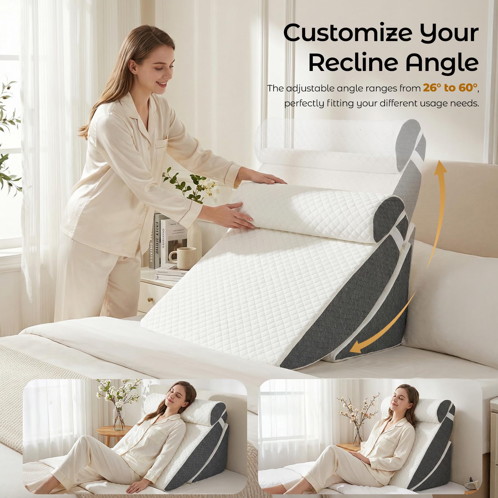 Set di 4 cuscini ortopedici a cuneo, 4 in 1, regolabili, in memory foam, cuscino triangolare regolabile per gambe in caso di apnea notturna e bruciore di stomaco, con rivestimento rimovibile e