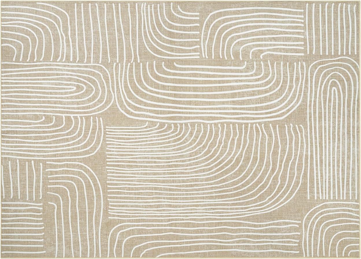 Phantoscope Washable Area Rug 5'x7' Non-Slip, Modern Neutral Boho Rugs for Living Room, Bedroom, Dining Room, Abstract Hand-Drawn Wavy Line Pattern, Low-Pile Foldable Floor Carpet, Beige/Ivory