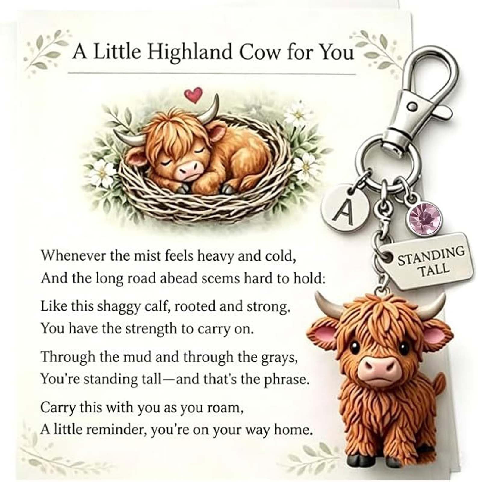 Géneric Highland Cow Keychain, A Little Highland Cow for You Keychain: Your Daily Reminder of Quiet Strength, Cute 3D Resin Tiny Cow Key Ring With Birthstone and Sentiment Card (B,June)