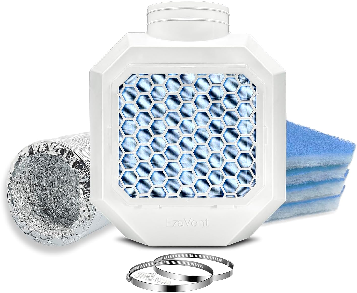 EzaVent Indoor Dryer Full Set Vent with 4 Filters, 8ft Aluminium Duct Hose and Fittings Only for Electric Dryers - 1 Year Warranty (White EzaVent Full Set)