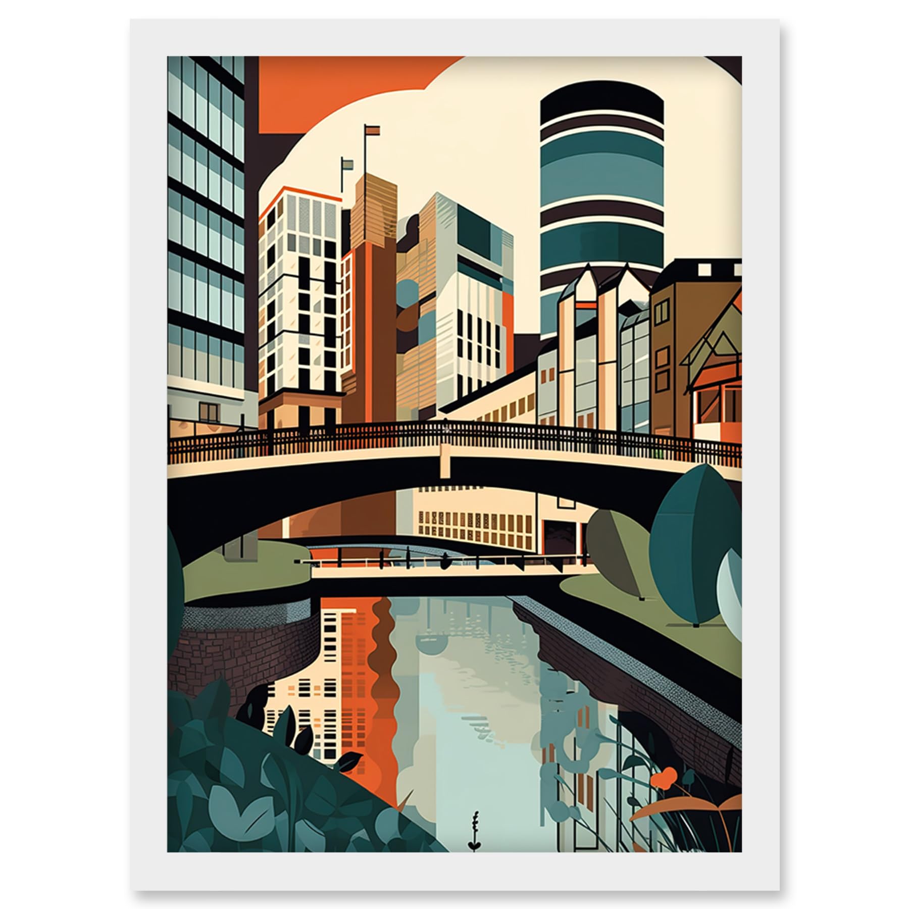 Artery8 Birmingham City Centre Canal Geometric Cityscape Artwork Framed Wall Art Print A4