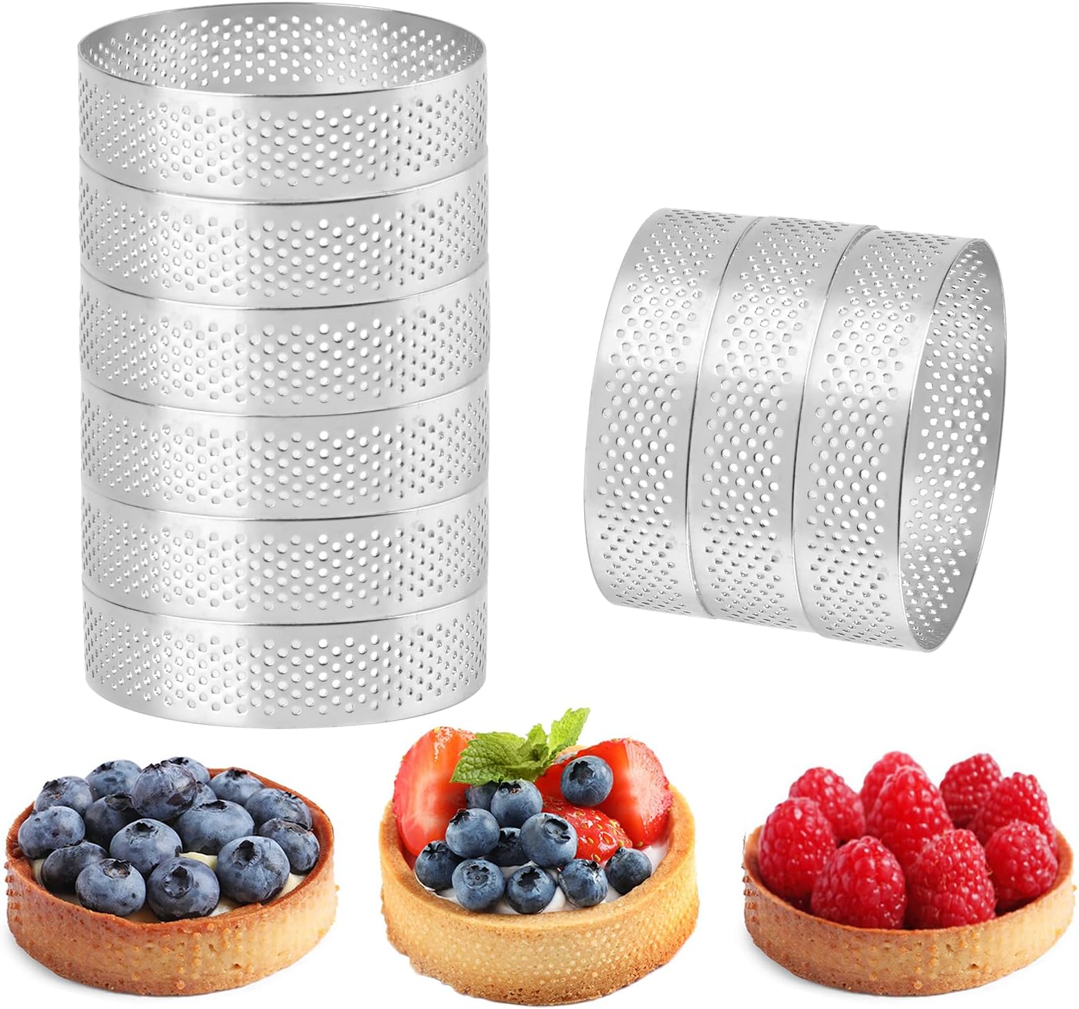 Frcctre 9 Pieces Tart Rings Stainless Steel, 8CM Perforated Baking Tart Ring Round Non-Stick Mousse Rings, Metal Pastry Cake Mould, Dessert Tool for Home