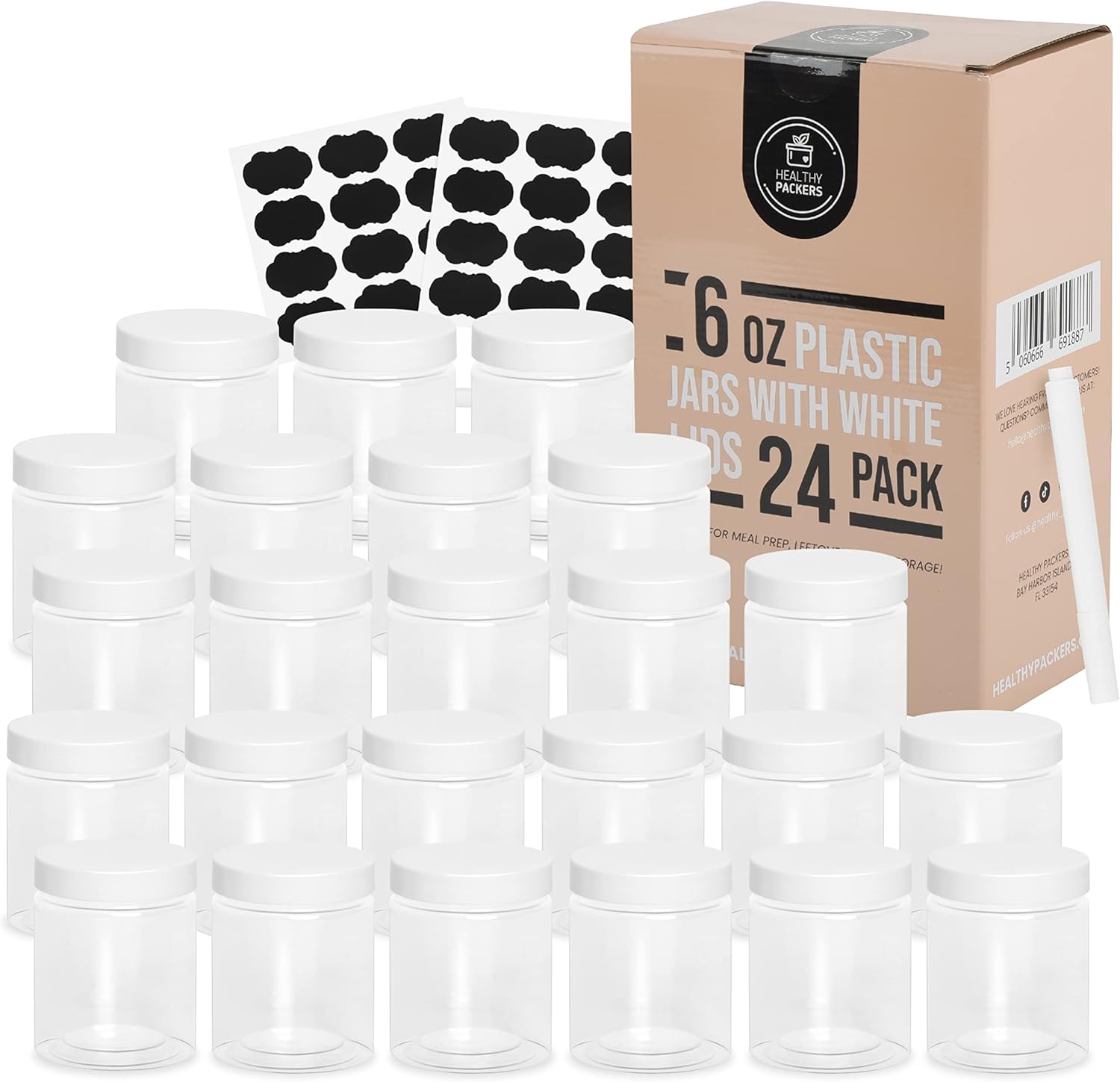 Plastic Containers with WaterTight White Lids (6 oz, 24