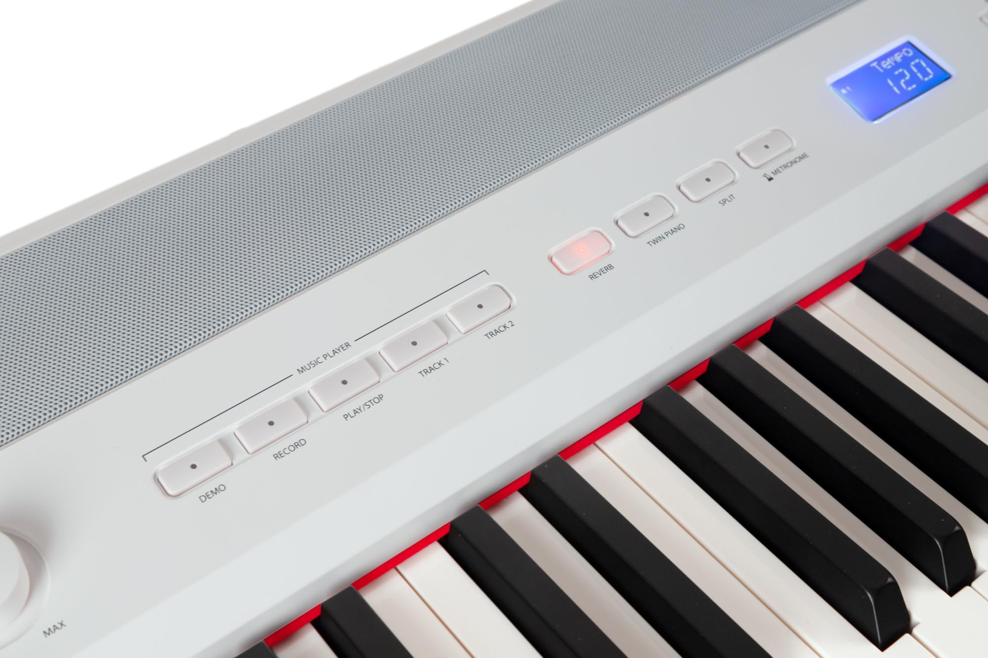 P-60 WM Piano de scène Home Set - 88 touches et base assortie, mécanique à marteaux, sensibilité à la vélocité - 14 sons, banque de pianos, écouteurs et porte-notes inclus - Blanc