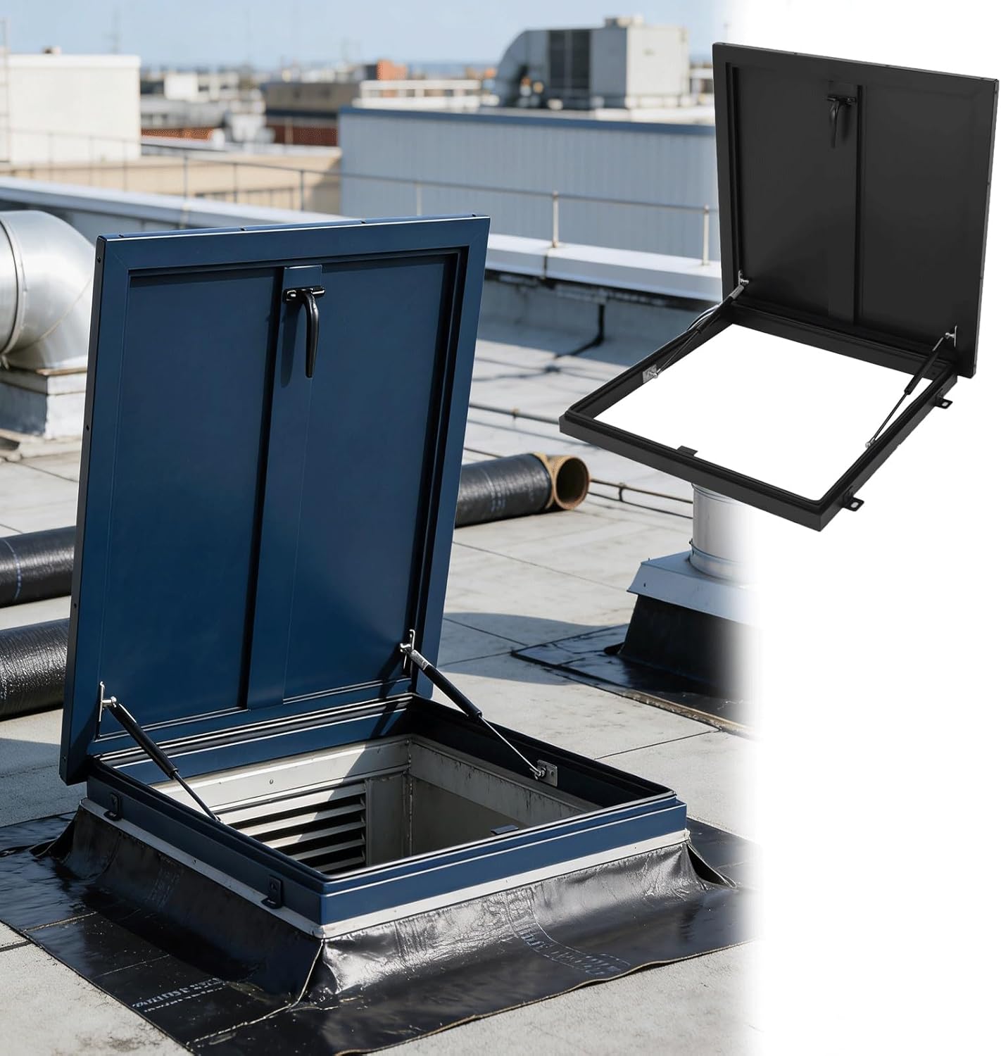 Black Roof Hatch, 30x40in(76x101.5cm) Skylight Roof Caps Window with Gas Shock Strut, Aluminum Frame Galvanized Roof Access Hatch, Roof Security Door, Roof Maintenance Hatch, Commercial Roof Hatch