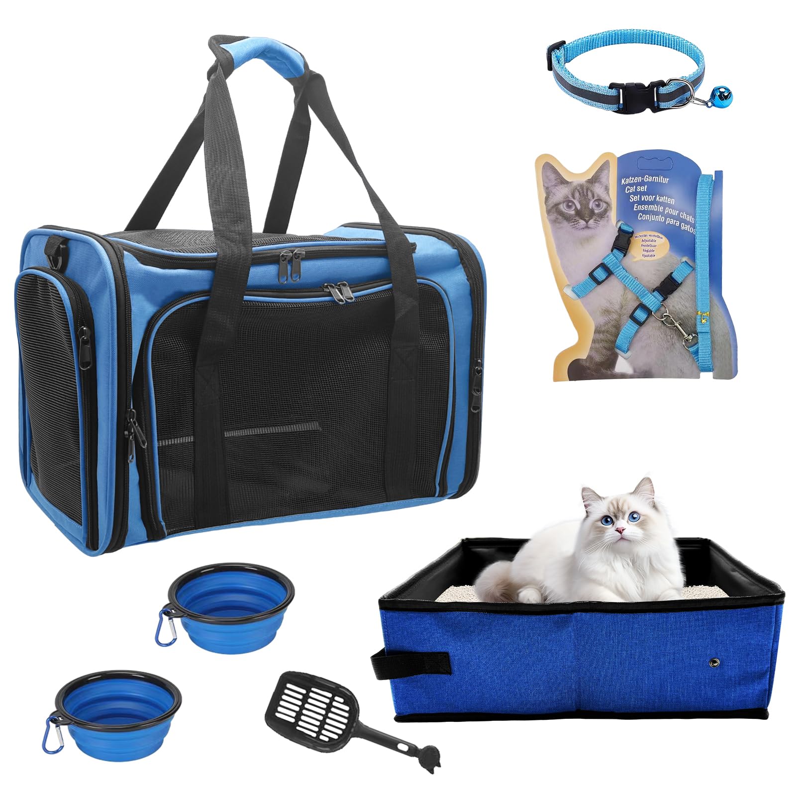 Cat Carrier Soft-Sided & Foldable Travel Litter Box for Cats, Fit 20Lbs Pets, 17.7' * 11.8 * 11.8 inches Cat Bag for Traveling & Camping, Indoor & Outdoor, Pet Carrier Kit, Blue