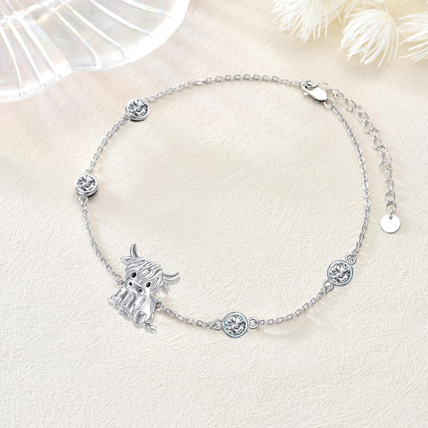 Birthstone Highland Cow Bracelet 925 Sterling Silver Scotland Cow Link Bracelet Western Jewelry Gifts for Women Mom Cow Lover