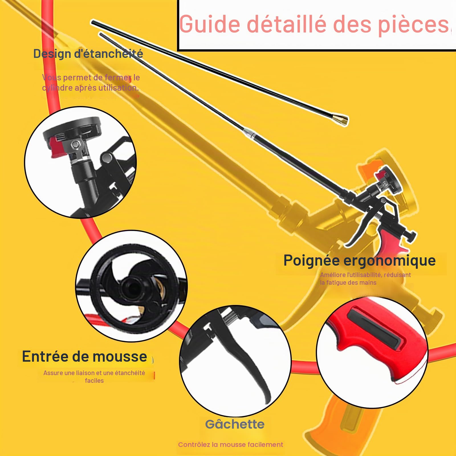 Pistolet à mousse extensible 63cm – Panier revêtu PTFE antiadhésif, pistolet professionnel pour mousse expansée, calfeutrage, isolation, remplissage, scellement (Rouge)