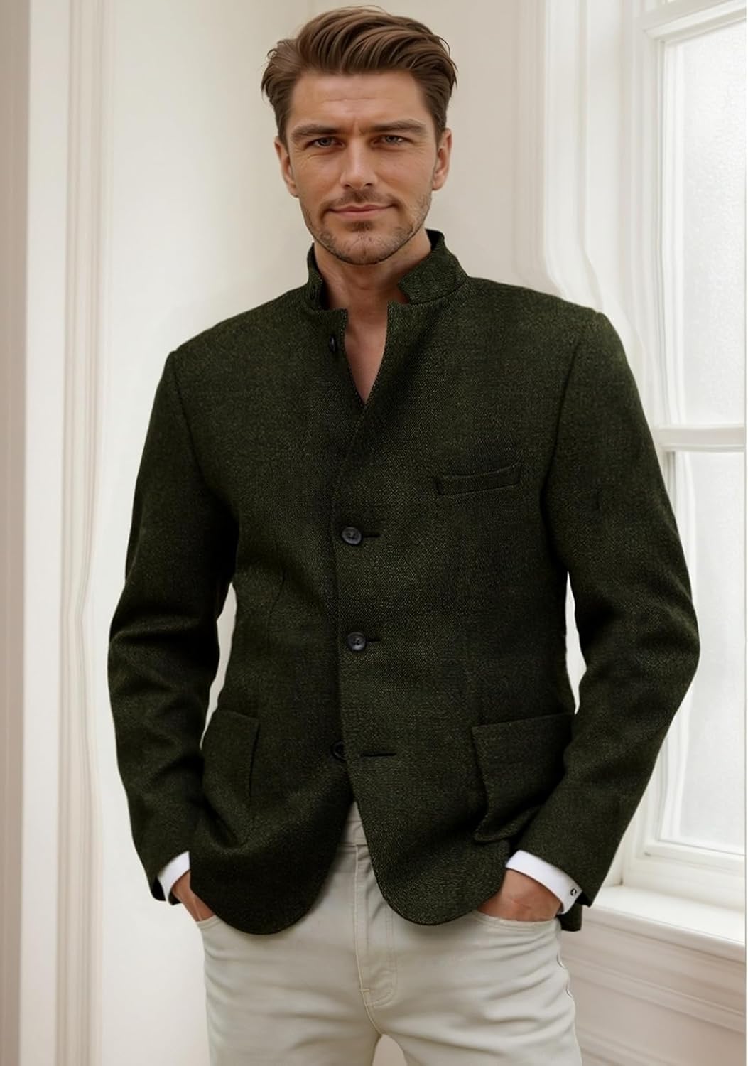 Men's Herringbone Tweed Suit Jacket Single-Breasted Classic Casual Blazer