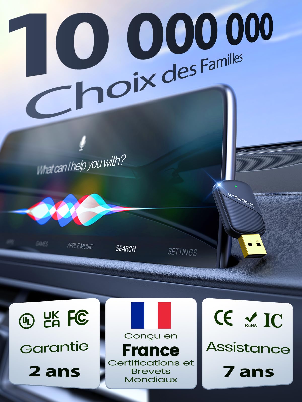 Mini Adaptateur sans Fil pour Apple CarPlay et Android Auto, Convertisseur CarPlay Filaire en sans Fil, Métal USB A/C, pour iPhone iOS 10+ et Android 10+, Longs Trajets, Trajets Quotidiens, Bleu