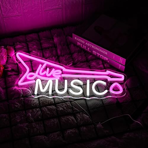 Miniatura 5 de LMSIGNLY Letrero de neón de música en vivo, letrero de neón de guitarra rosa, letrero LED de música en vivo, arte de pared para decoración de