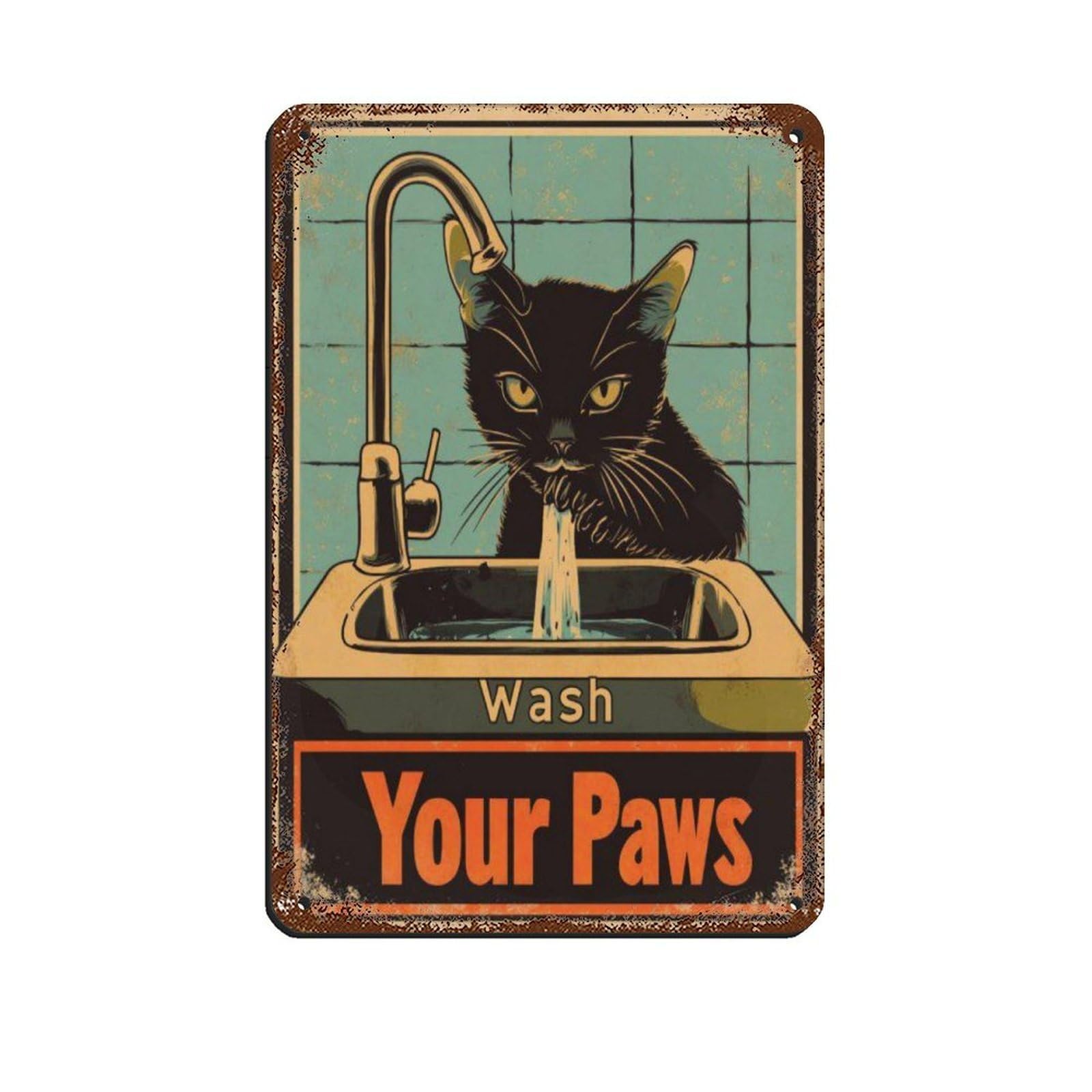 Lxwnze 20L X 30W Cm Vintage Cat Wash Your Paws Retro Tin Sign Vintage Metal Pub Club Cafe Bar Home Wall Art Decoration Poster Retro 8X12inch(20X30cm)