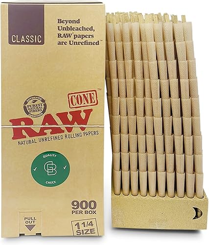 Miniatura 2 de RAW Cones Classic 1 14 Tamaño caja de 900  Papel de liar y puntas de cono RawAuthentic preenrollado, 3.307 in, totalmente natural, adhesivo verde