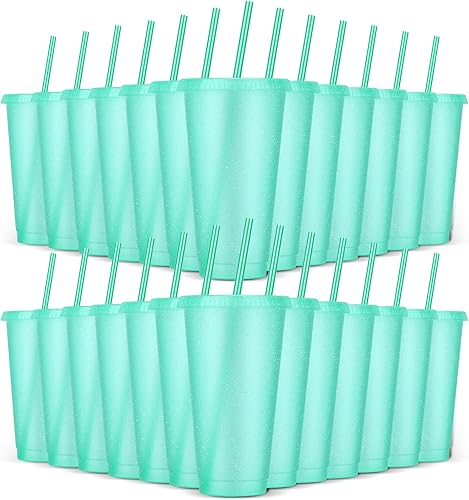 Vista 24 de Paquete de 24 vasos de plástico con tapas y popote, vasos reutilizables con tapas y pajillas, vasos coloridos para bebidas frías, café helado, vasos