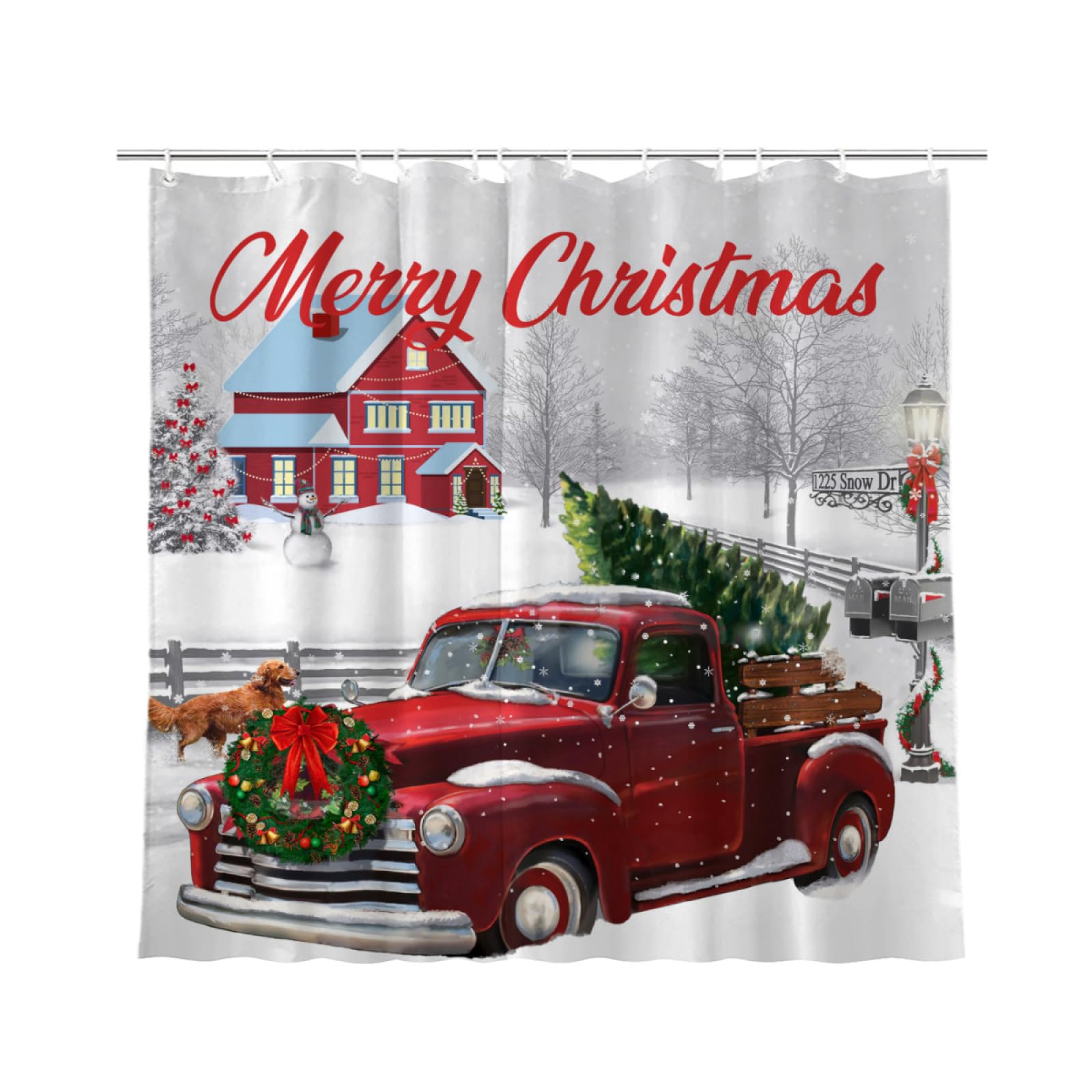 JOOCAR Merry Christmas Shower Curtain Red Vintage Truck Christmas Tree Dog Winter Snow Rustic Farmhouse Shower Curtains for Bathroom Decor with Hooks 72x72 Inch