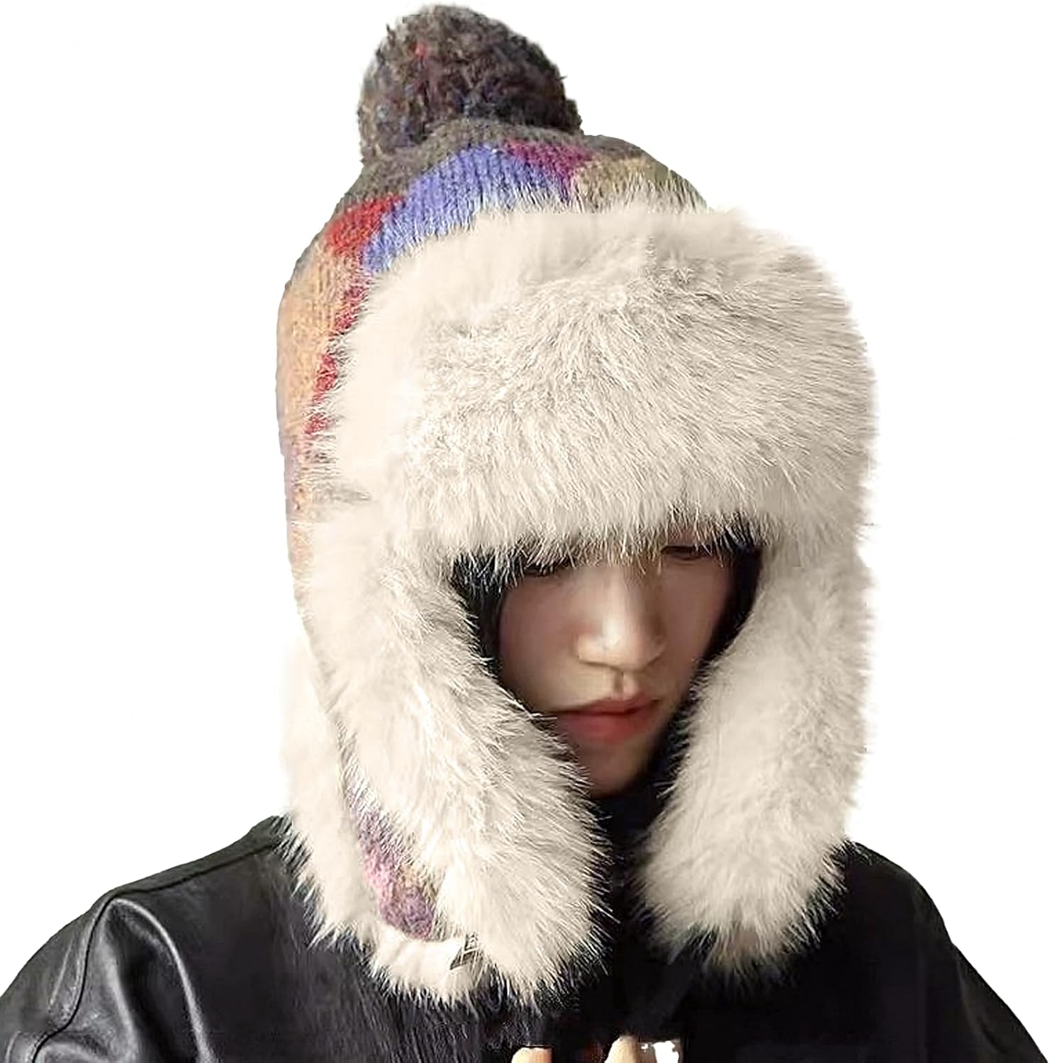 Women's Colorful Knit Trapper Hat with Faux Fur Ear Flaps & Pom Pom,Warm Winter Beanie Hat, Windproof Snow Skull Caps - Image 2