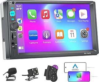 Double Din Car Stereo with Apple Carplay and Android Auto, 7 inch Touchscreen Car Stereo with Backup Camera, Bluetooth Hands Free Call, Mirror Link, FM Car Radio, Car Audio Receivers USB/TF/AUX Port