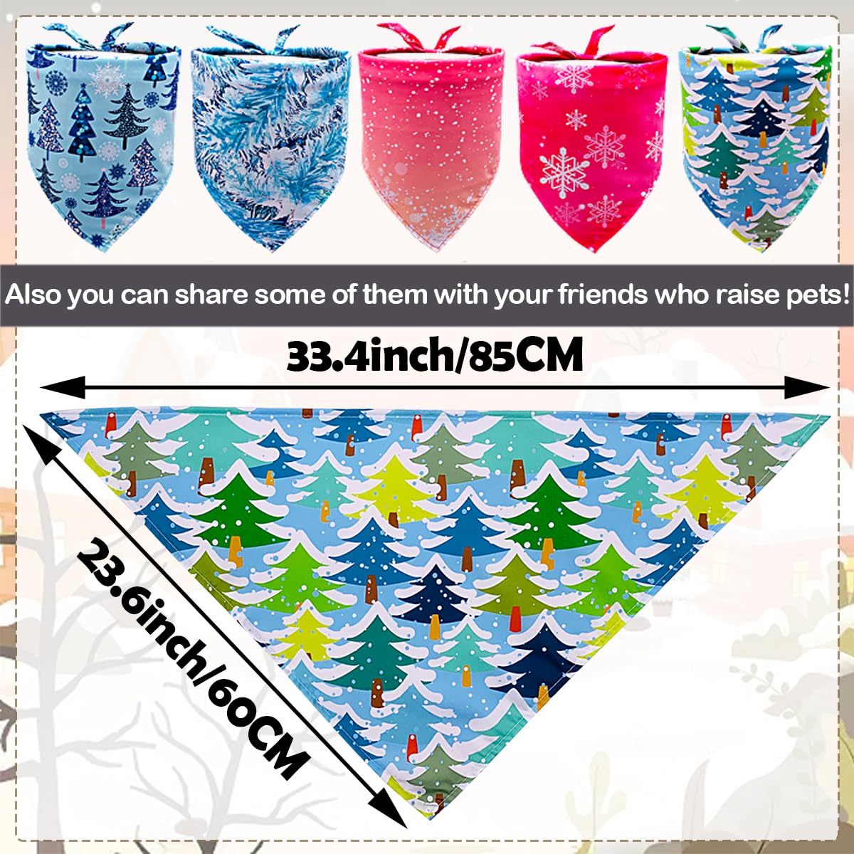 Halstücher für große Hunde, für den Winter, Großpackung, 84 cm, für große Hunde, Schnee-Wald-Muster, Dreieckstuch, Webkante, Nähkante, Saumnaht für Fellpflege-Zubehör, 50 Stück