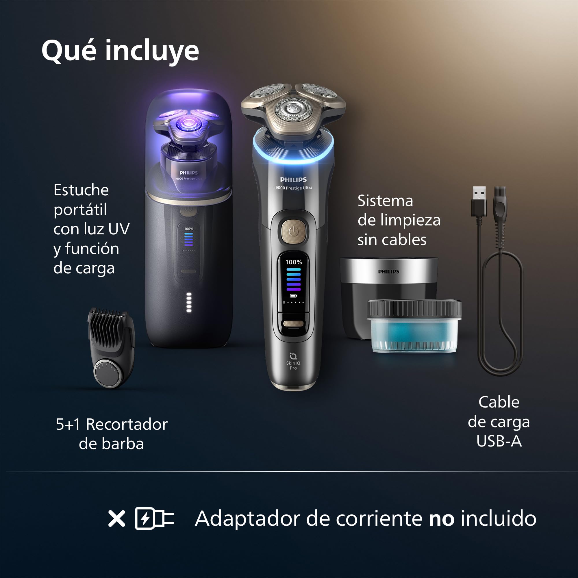 Philips i9000 Prestige Ultra, Afeitadora Eléctrica Hombre, Máquina de Afeitar Barba en Seco y Húmedo, Tecnología SkinIQ Pro, Recargable, Centro de limpieza, Recortador, Estuche de Carga UV, XP9402/46