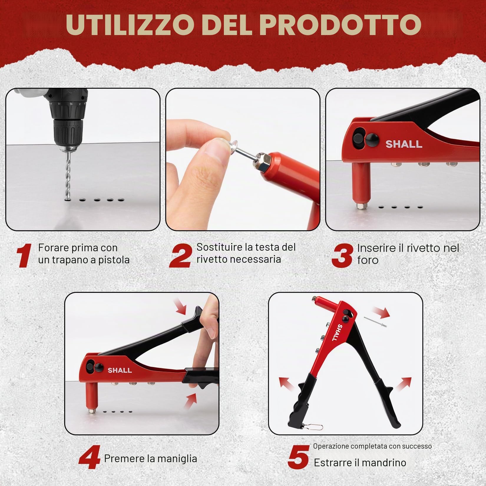 SHALL Set Rivettatrice Manuale 4 in 1 200 Rivetti 4 Misure 2,4-4,8 mm