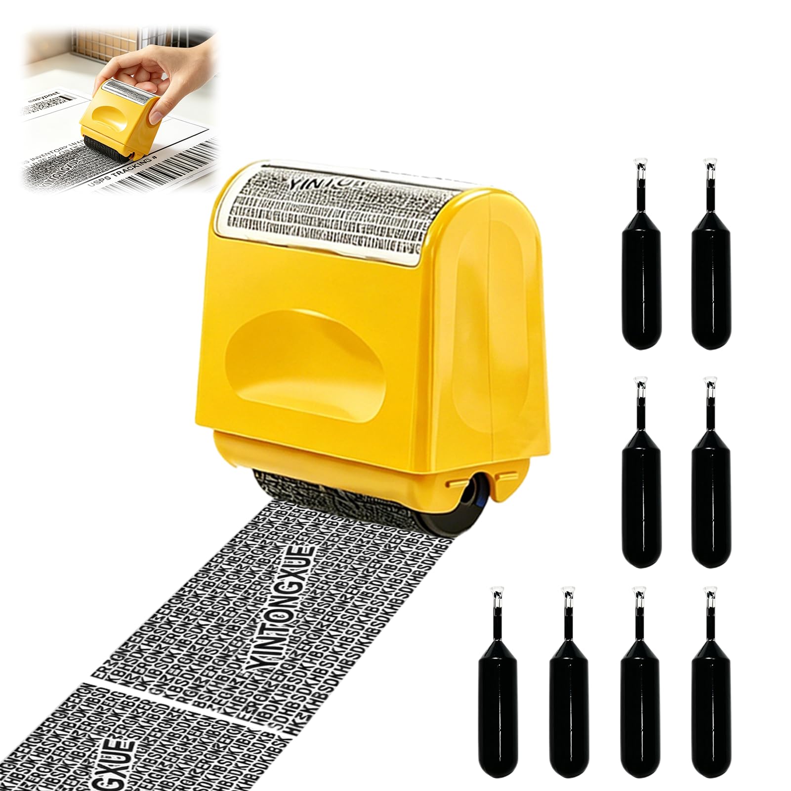 Wide Data Defender Roller Stamp Identity Theft Protection Confidential Roller Stamp with 8 Refills Yellow Information Blocker Security Stamp Roller for Privacy ID Address Security