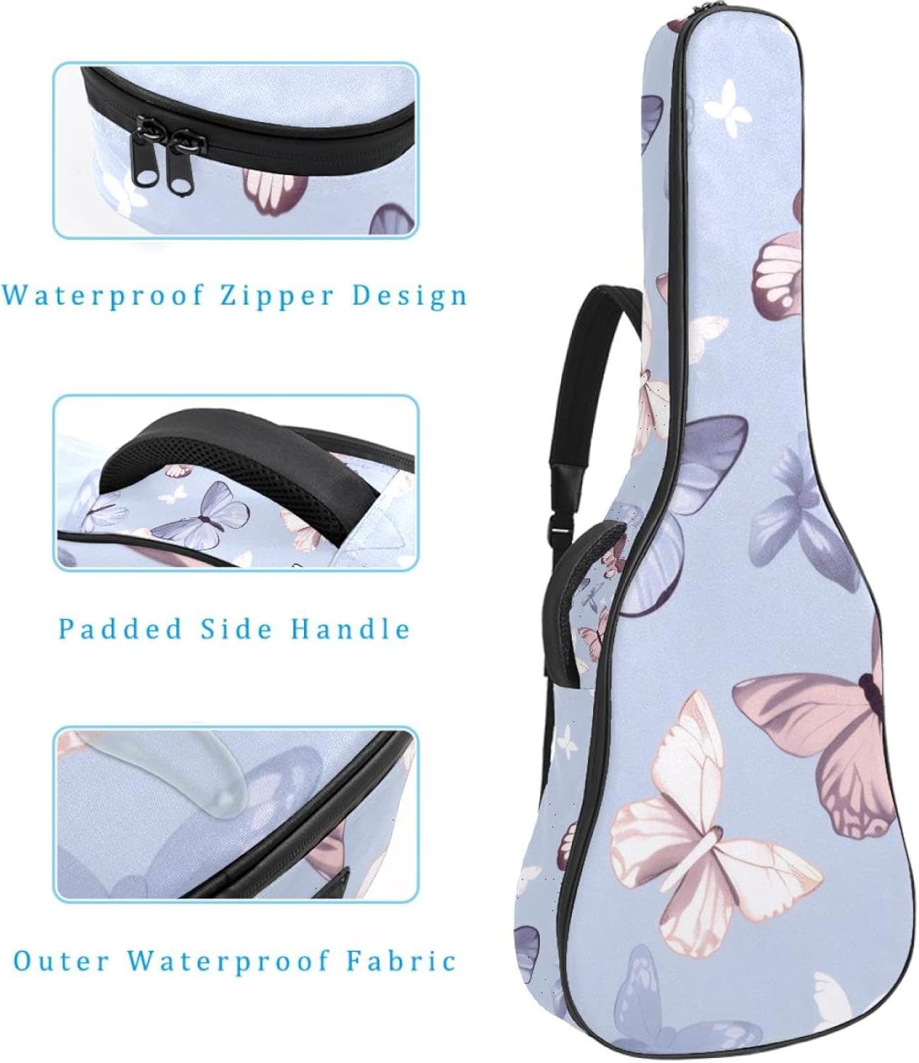Acoustic Guitar Gig Bag 1 cm Thick Padding, Waterproof Electric Guitar Bag 40-42 Inch Guitar Case Backpack with Dual Shoulder Strap, Cute Butterflies Light Purple Pattern