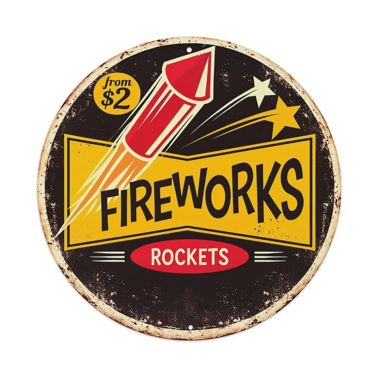 Fireworks Rockets Vintage Sign Design Vintage Metal Tin Sign Retro Wall Decor for Home Bar Garage Cafe, Indoor & Outdoor Decorative，circle Metal Poster, 8x8 Inch