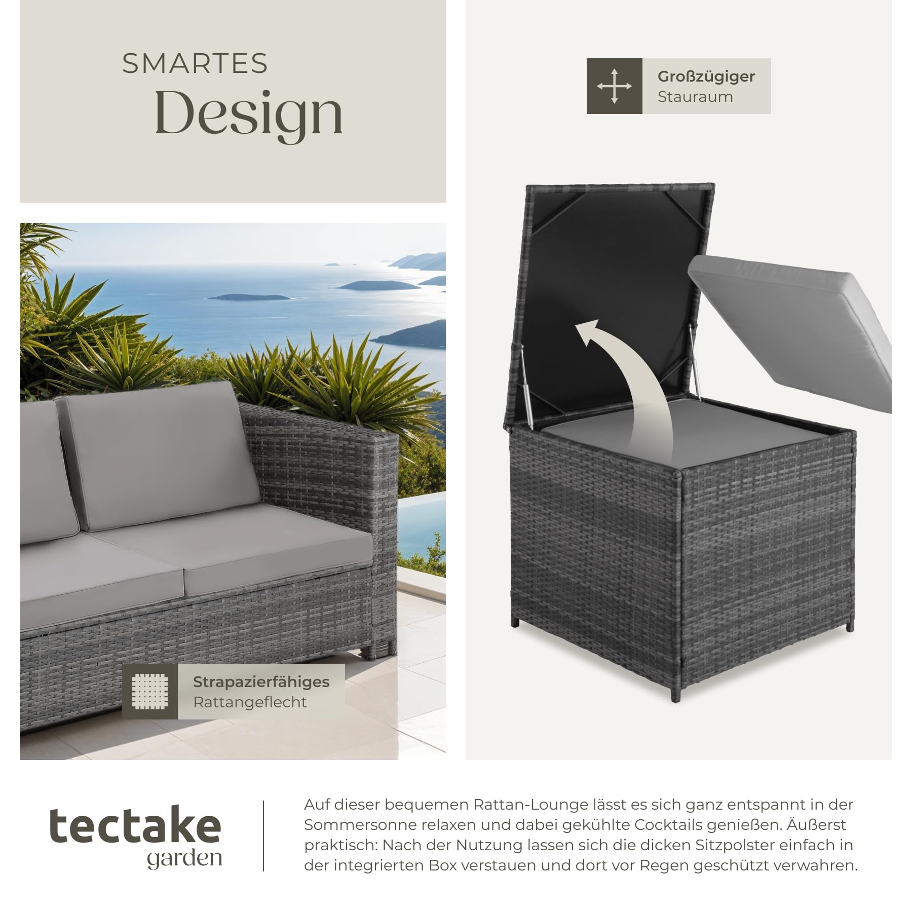 tectake Polyrattan Sitzgruppe für 4 Personen, Balkon Garnitur mit Sitzkissen, Aufbewahrungsbox draußen sowie Outdoor Couchtisch mit Glasplatte, Balkonmöbel Rattan - grau/hellgrau