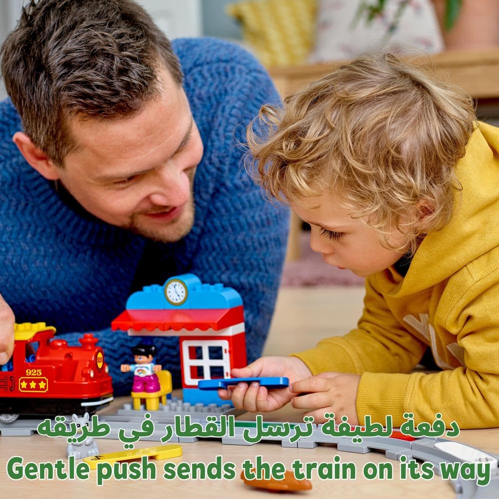 LEGO DUPLO Treno a Vapore, Giochi per Bambini e Bambine da 2 a 5 Anni, Playset Push & Go a Batterie con Luci e Suoni, Giocattolo da Costruire con Mattoncini Colorati e Funzione RC, Idee Regalo 10874