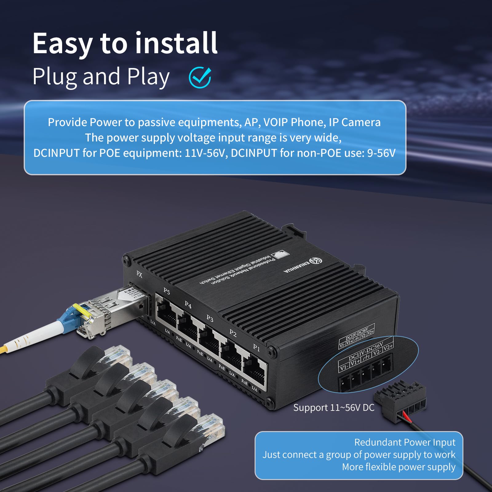 ENIANHUA Industrial 6 Ports Gigabit Solar POE Ethernet Network Switch, 5 x 10/100/1000 Base-T RJ45 Ports, 1 x 1000Base-X SFP Slot, Support 11~56V DC, Aluminum Case, Compact POE Power for Solar Power