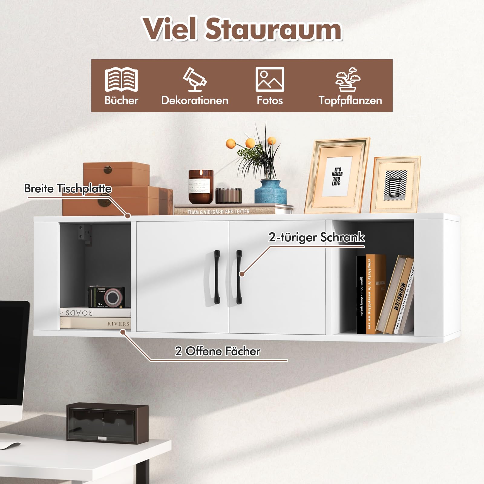 COSTWAY TV Schrank wiszący, stolik telewizyjny z 4 szufladami i 2 drzwiami, niska szafka pod telewizor, szafka telewizyjna do montażu na ścianie, konsola multimedialna do salonu, gabinetu 108 x 33 x