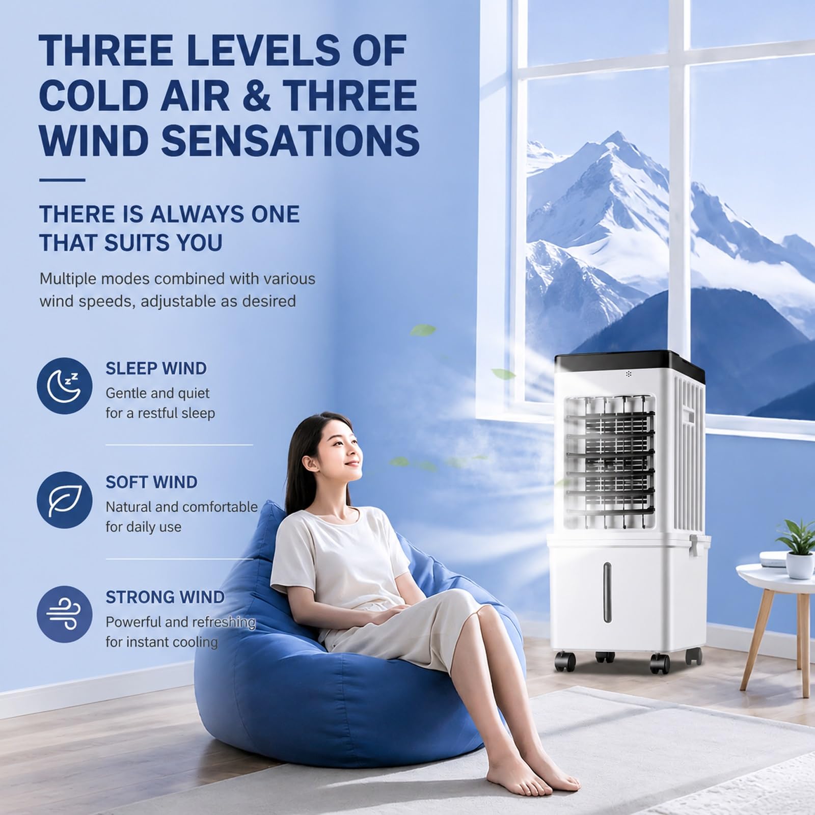 Enfriador de Aire Portatil de 75 W con Control Remoto y 4 Cristales de Hielo, Depósito de 15 L, 3 Velocidades, Temporizador de 7,5 Horas, para el Hogar, Dormitorio y Oficina, 60x27x23cm