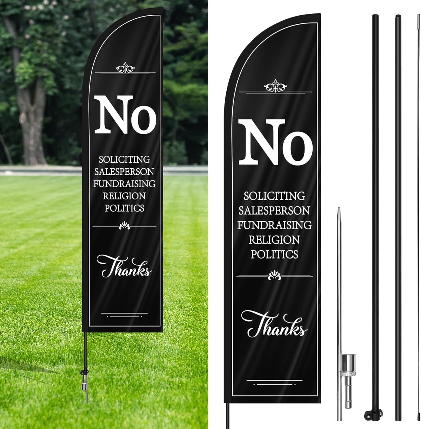 Preboun No Soliciting Sign for House 9.19 Ft/ 2.8 M No Soliciting Yard Sign with Stake Outdoor Polyester Feather Flag Pole Kit for Home House Front Door, Black