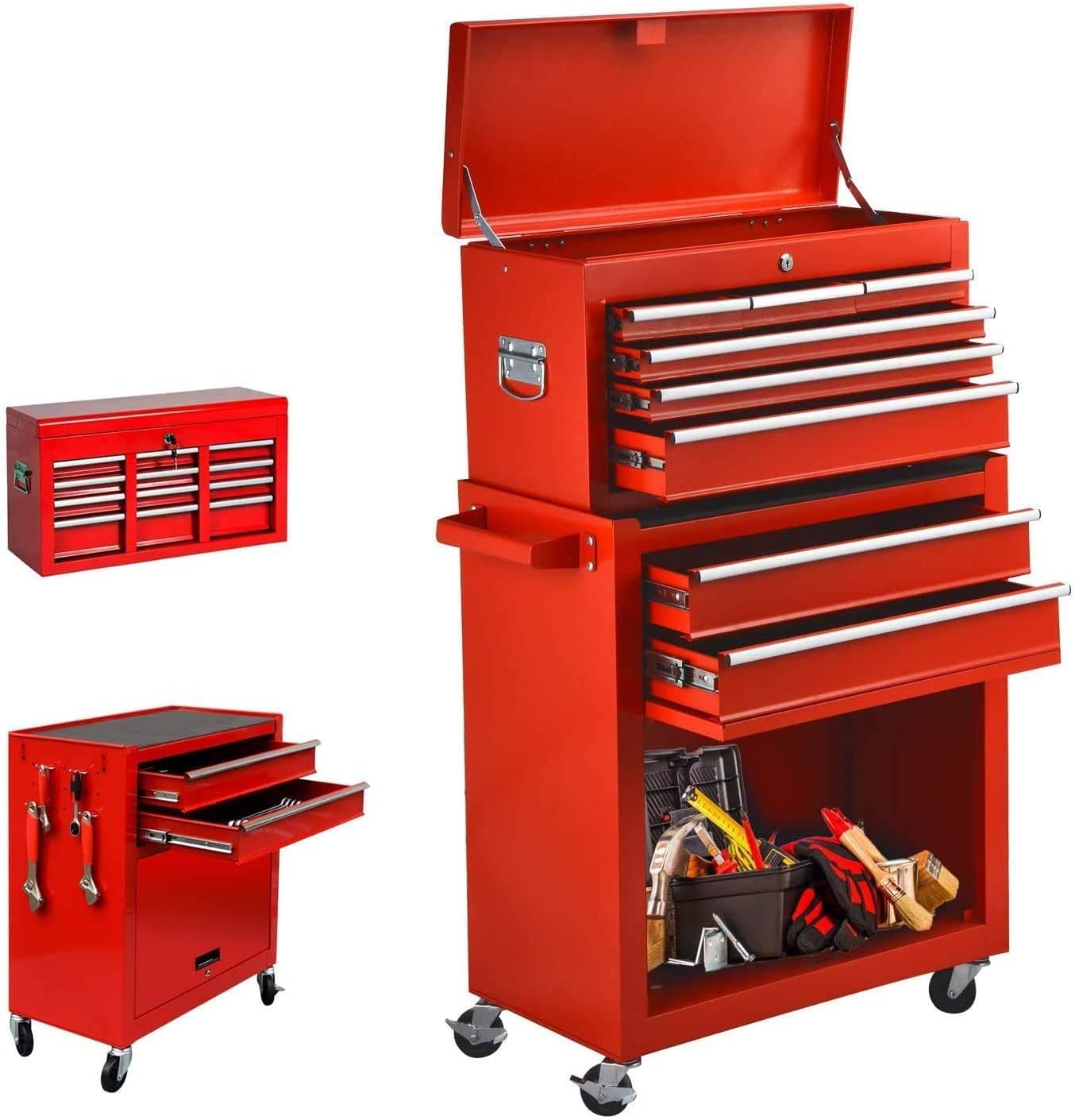 2Pcs Tool Storage Box Portable Top Chest Rolling Tool Box Organizer Sliding Drawers Cabinet Keyed Locking System Toolbox Red