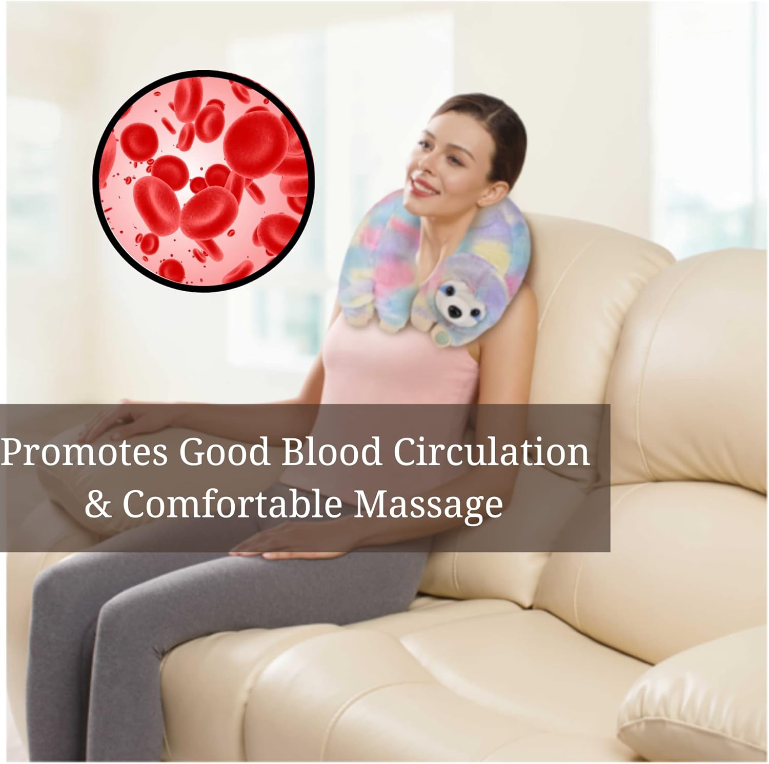 BCL Back Neck and Shoulder Massager Vibrating Massage Cushion Pillow with Relaxing Vibration Soft Travel Massage Wrap for Pain Relief Men & Women Rainbow Sloth & Custom Storage Carrier